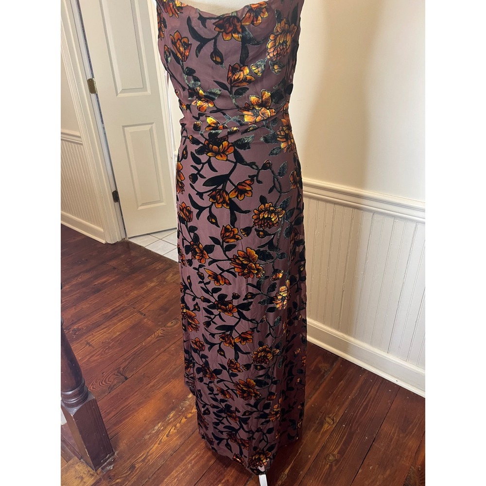 Lulus Romance Brown Burnout Velvet Floral Cowl Neck Maxi Dress Slit Gown size S - Picture 9 of 15